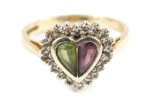 A 9ct gold peridot amethyst and diamond ring, in a heart shaped setting, size N, 3.6g.