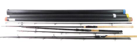 A Shimano Nexave Barbel Power three piece carbon fibre fishing rod, a Hyperlope Feeder extra heavy three piece carbon fibre fishing rod, and a Foxy Dykemaster 12ft 2 1/2lb two piece carbon fibre fishing rod, cased. (3)