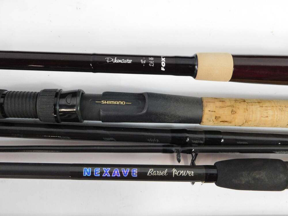 A Shimano Nexave Barbel Power three piece carbon fibre fishing rod, a  Hyperlope Feeder extra heavy
