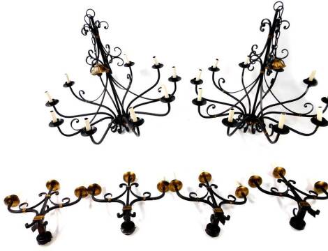 A pair of cast iron ten branch chandeliers, 85cm H, 98cm W, together with four matching three branch wall lights, 49cm H, 46cm W.