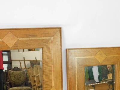 A pair of graduated mango wood and marble inlaid rectangular wall mirrors, inset bevelled glass, 120cm x 90cm and 101cm x 70cm. - 2