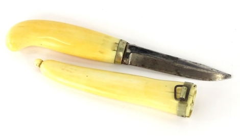 A late 19thC Norwegian marine ivory hunting knife, with silver plated mounts, the blade stamped Drevell and Larsen Bergen, 22cm L.