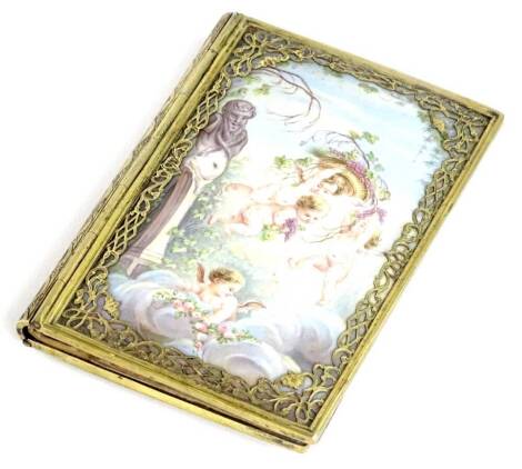 A 19thC continental enamel card case, with gilt yellow metal pierced mounts, decorated overall with putti, flowers, and a satyr garden feature, etc., unmarked, interior (AF), 10cm x 7cm.