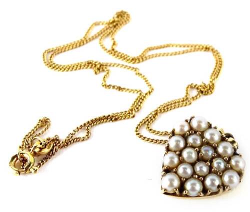 A Victorian 9ct gold pendant and chain, the heart shaped pendant set with various seed pearls, in claw setting, on a fine link 9ct gold chain, the pendant 1.7cm H, the chain 42cm L overall, in W Mansell of Lincoln box, 4.9g all in.