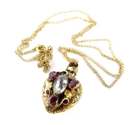 A Victorian pendant and chain, the memorial pendant in heart shaped design, set with white paste stone and three pink paste stones, with vinyl leaf design, and memorial panel back, on fine link 9ct gold chain, the pendant 2cm H, 3.6g all in, boxed.