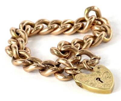 A 9ct gold rose gold charm bracelet, with heart shaped padlock, on belch link chain with safety chain, 15.2g all in.