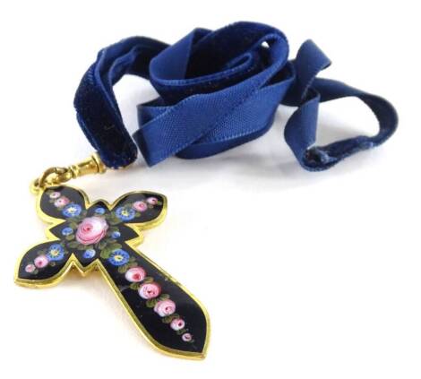 A Victorian style crucifix pendant, with enamel design of roses and pansies, in gilt metal backing, on watch type clip, with blue velvet neck chain, the pendant 6cm H, boxed.