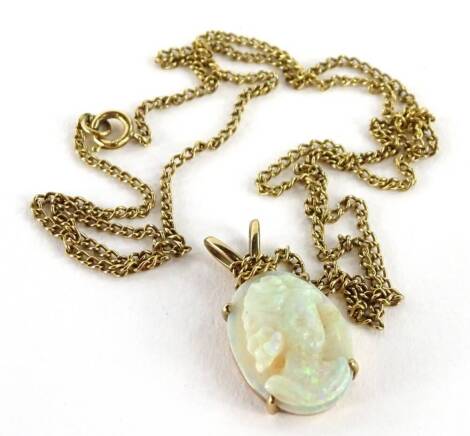 A 9ct gold pendant and chain, the pendant set with carved opal depicting a maiden, with v shaped clasp, the pendant 1.5cm H, the chain 46cm L overall, 3.9g all in, boxed.