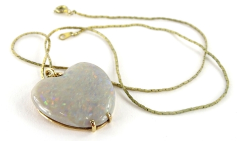 A heart shaped opal pendant, in a 9ct gold wire frame, on gold plated neck chain, the pendant 2.5cm x 3cm, boxed.