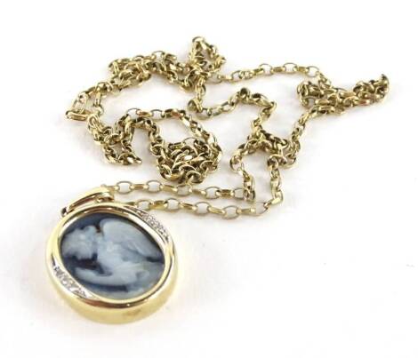 A 9ct gold pendant and chain, the oval pendant set with a blue and white cameo design of an angel, with tiny cz set surround, 2cm H, on a belch link chain, 60cm L overall, 11.1g all in, boxed.