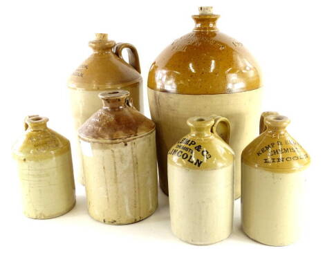 Various Lincoln stoneware flagons, for Kemp, Cook, Whitton and Ashley, etc.