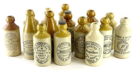 Various Lincoln related stoneware ginger beer bottles, various makers, to include Marfleet, Lee and Green Limited, The Bracebridge Heath Water Company, a bottle for Steward and Patteson of Norwich and another for Tom Hore of Newark, etc.