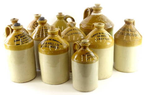 Various Lincoln and Lincolnshire stoneware bottles, to include Brailsford of the Lion and Snake Lincoln, Markham of Gainsborough, Kemp and Elmitt of Lincoln, Nickolls of Sleaford, etc.