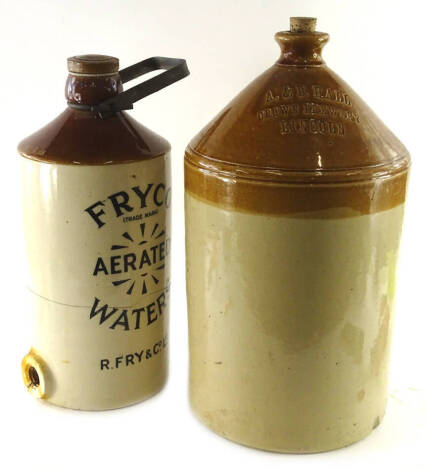 A large four gallon stoneware flagon, stamped A and B Hall, Crown Brewery Lincoln and a Fryco aerated waters urn. (2)