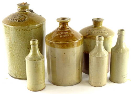A collection of six items of stoneware, to include three bottles and three flagons, each relating to Harrison of Lincoln.