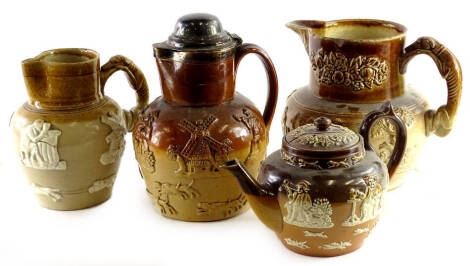 Four items of stoneware, to include a flagon, decorated with figures, windmill, hunting scene, etc., with plated domed cover, a teapot, a large jug, with greyhound handle, etc.