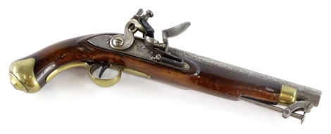 A 19thC flintlock pistol, the steel barrel and lock stamped GR and with Tower stamp, walnut stock and brass trigger guard and pommel, 39cm L.