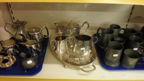 A Victorian silver plated three piece tea service and other silver plate and pewter etc