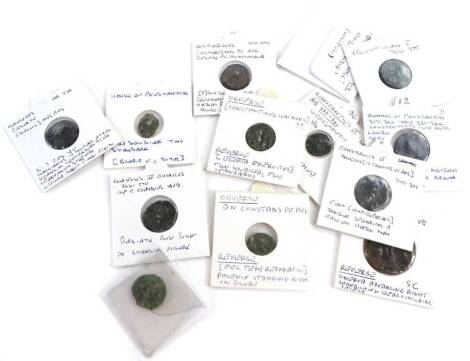 A collection of Roman coins, to include Claudius Constantine, Constantine II, Valentinian, etc.