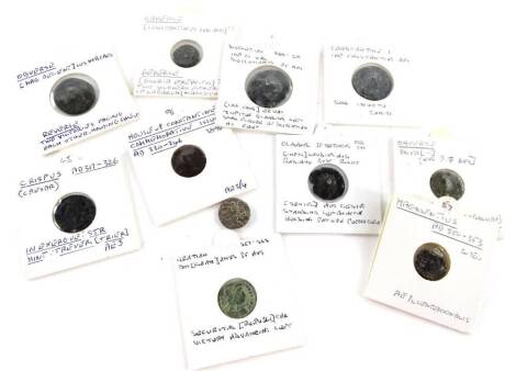 Various Roman coins, to include Crispus (Caesar), Constantine II, Decentius, Claudius II, Valens, etc.