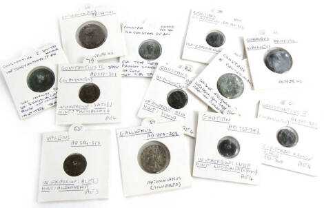 Various Roman coins, to include Antonius Pius, Constans, Constantine, Gratian, Valens, Gallienus and Commodus.