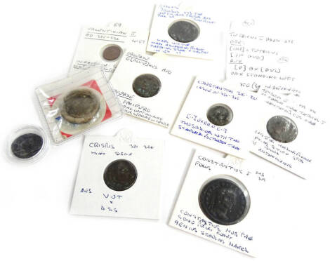 A collection of Roman coins, to include Tetricus, Constantine, Valentinian, Gallienus, Crispus, etc., and a Roman coin mill by repute.