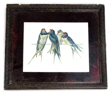 K.M. Swallows on a washing line or similar, oil on glass, 20cm x 26cm.