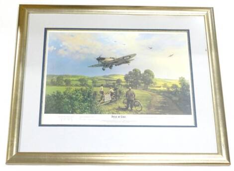 After Michael Turner. Piece of cake, artists signed limited edition print, also signed by Squadron leader Ginger Lacey, Group captain Brian Kingcome and Wing commander Paddy Barthropp, 47cm x 64cm.