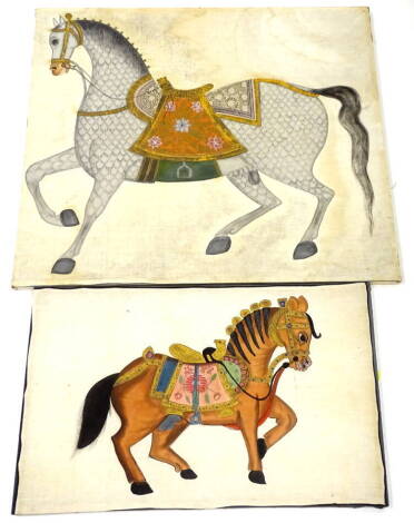 20thC Indian School. Horse wearing ceremonial saddle, etc., watercolour onto cotton, 83cm x 93cm, and another similar. (2)