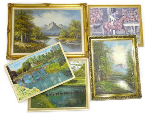 19thC German School. Alpine scene with mountain and river, etc., oil on board, and various other pictures and prints.