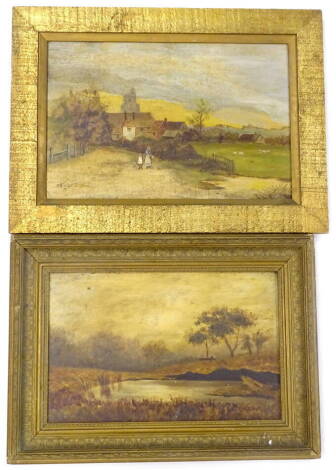 A.D Paul. Rural scene with pond and trees, etc., oil on canvas, signed and dated 1890, 26cm x 40cm, and another similar rural picture signed by G Jowett, indistinctly dated 1917.