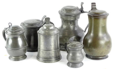 Six various 19thC pewter lidded tankards, each with shaped thumb piece, etc., the largest 19cm H.