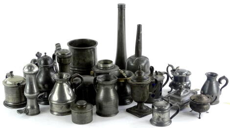 A collection of pewter items, to include mustard pots, small measures, a hunting flask, wine funnel, etc.