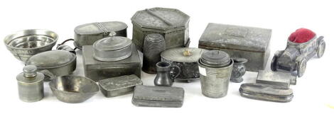 Miscellaneous pewter boxes, novelty items, etc., to include a box decorated with a hunting scene, another engraved 'Where Is My ?KB', etc., a whistle, etc.