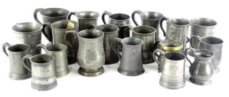 Miscellaneous 19thC and later pewter straight sided tankards, some baluster examples and one with brass mounts, etc.