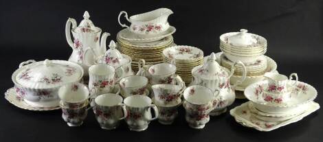 A Royal Albert Lavender Rose pattern part dinner and tea service, to include some seconds.