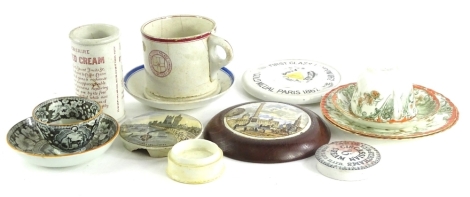 A collection of ceramics, to include brown printed tea bowl and saucer, decorated with a deer, various pot lids, Devon clotted cream container, Lincoln Palace Company mug, Lion Hotel mug of Lincoln, etc.