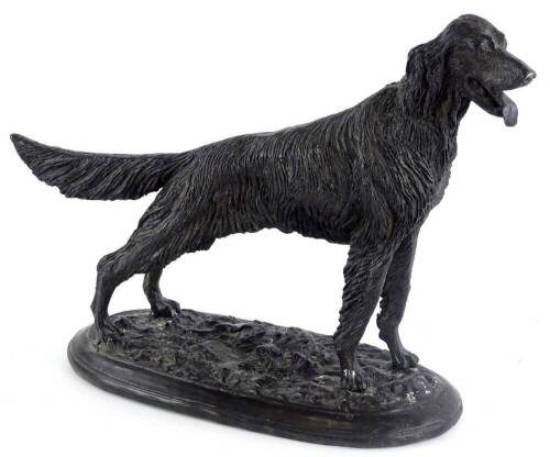 A bronzed resin sculpture of a setter, the shaped moulded base with scratched name Mene, 35cm W.