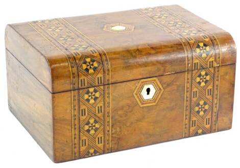 A Victorian walnut and parquetry dome topped work box, 28cm W.