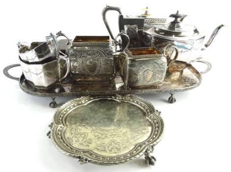 A quantity of items, to include an engraved silver plated tea set, rectangular tray, another similar tea set, waiter, cutlery, etc.