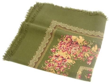 A Liberty shawl, printed with flowers on a green ground, bearing label, approx. 132cm x 130cm.