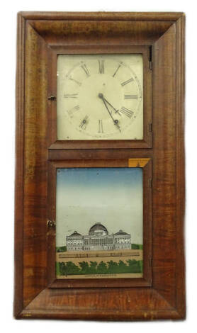 An American Jerome wall clock, with painted dial above a verre eglomise panel depicting Capital at Washington, in a walnut case, 76cm H, 42cm W.