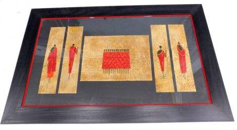 African School. Tribal warriors, montage of five oil paintings, the largest 37cm x 52cm.