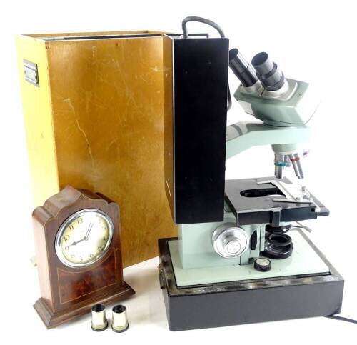 A Kohler micro system 70 electric microscope, and an Edwardian mantel clock.