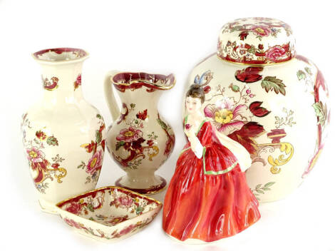 A collection of four items of Masons red Mandalay, to include a ginger jar, and a Royal Doulton figurine Flower of Love. (5)