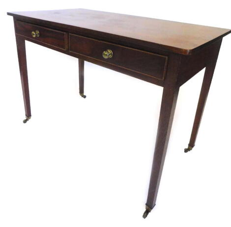 A 19thC mahogany side table, the rectangular top above two frieze drawers on square tapering legs with brass castors, 117cm W.