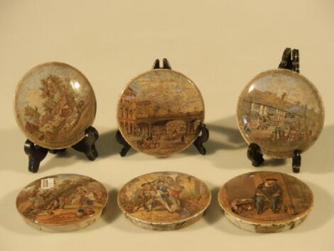 Six 19thC Staffordshire Pratt type pot lids