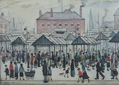 Laurence Stephen Lowry (1887-1976). Market Scene in a Northern Town, artist signed coloured print, 48cm x 62cm.