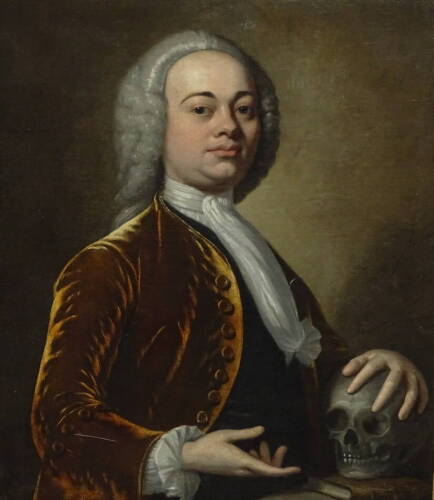 18th/19th School. Half length portrait of a gentleman with wig, silk scarf and gold jacket holding a skull, oil on canvas.