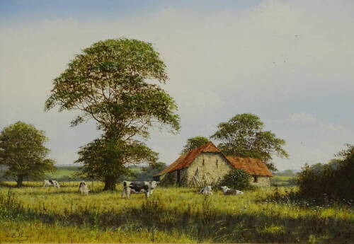 Edward Hersey (b.1948). An Old Sussex Barn, oil on canvas, signed and titled verso, 44.5cm x 59.5cm. Label verso AR Whibley and Son, Worthing.